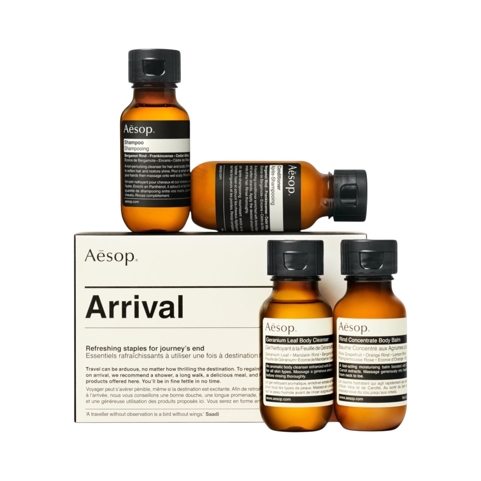 Aesop Arrival travel kit kozmetická sada obsahujúca šampón, kondicionér, conditioner, sprchový gél a telový krém.